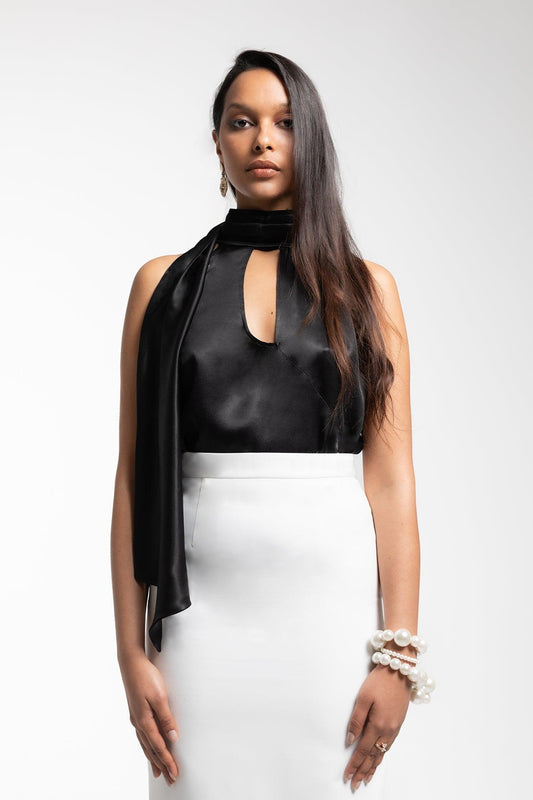 SATIN SCARF BLOUSE - BLACK - MAZEJO