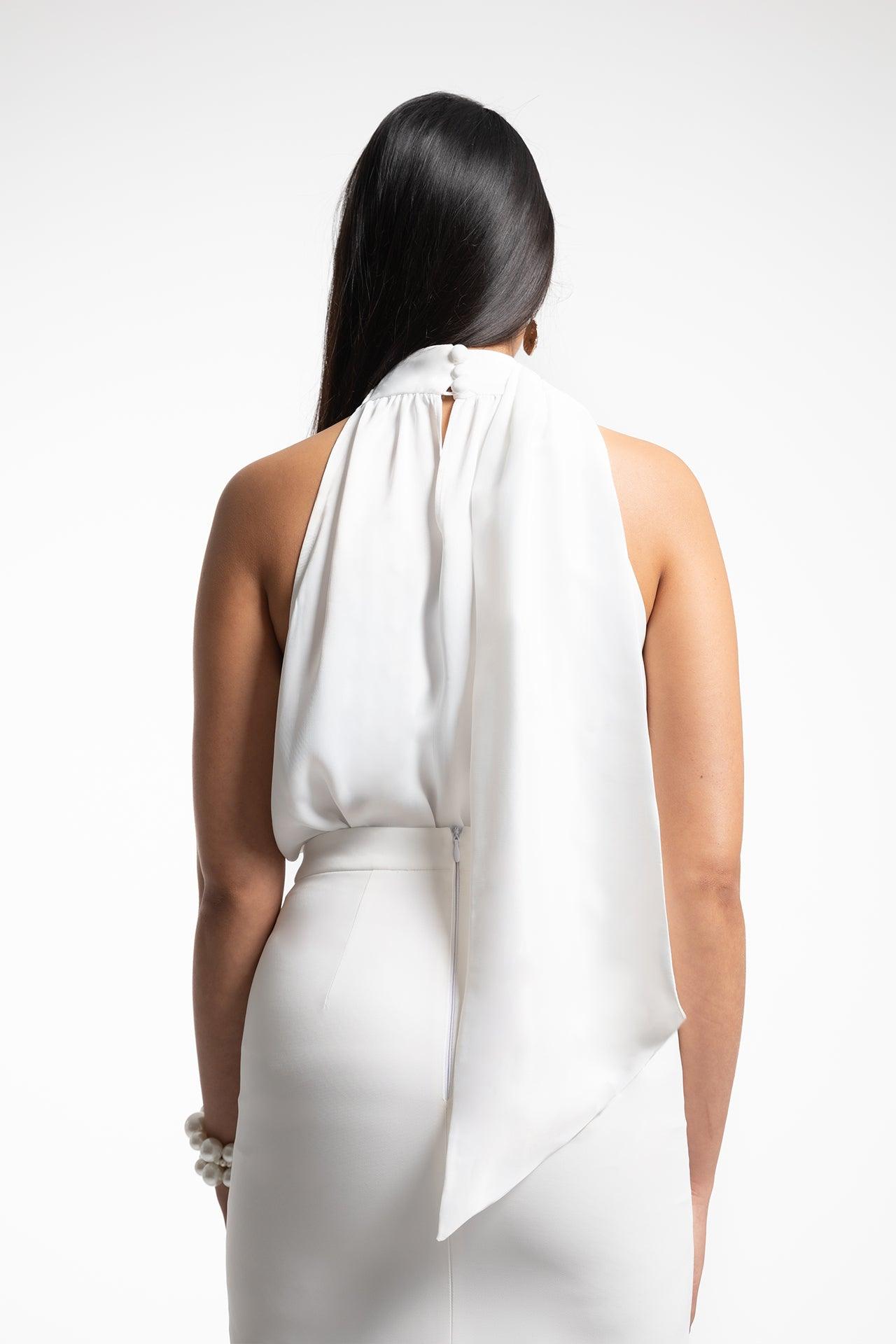 SATIN SCARF BLOUSE - WHITE - MAZEJO